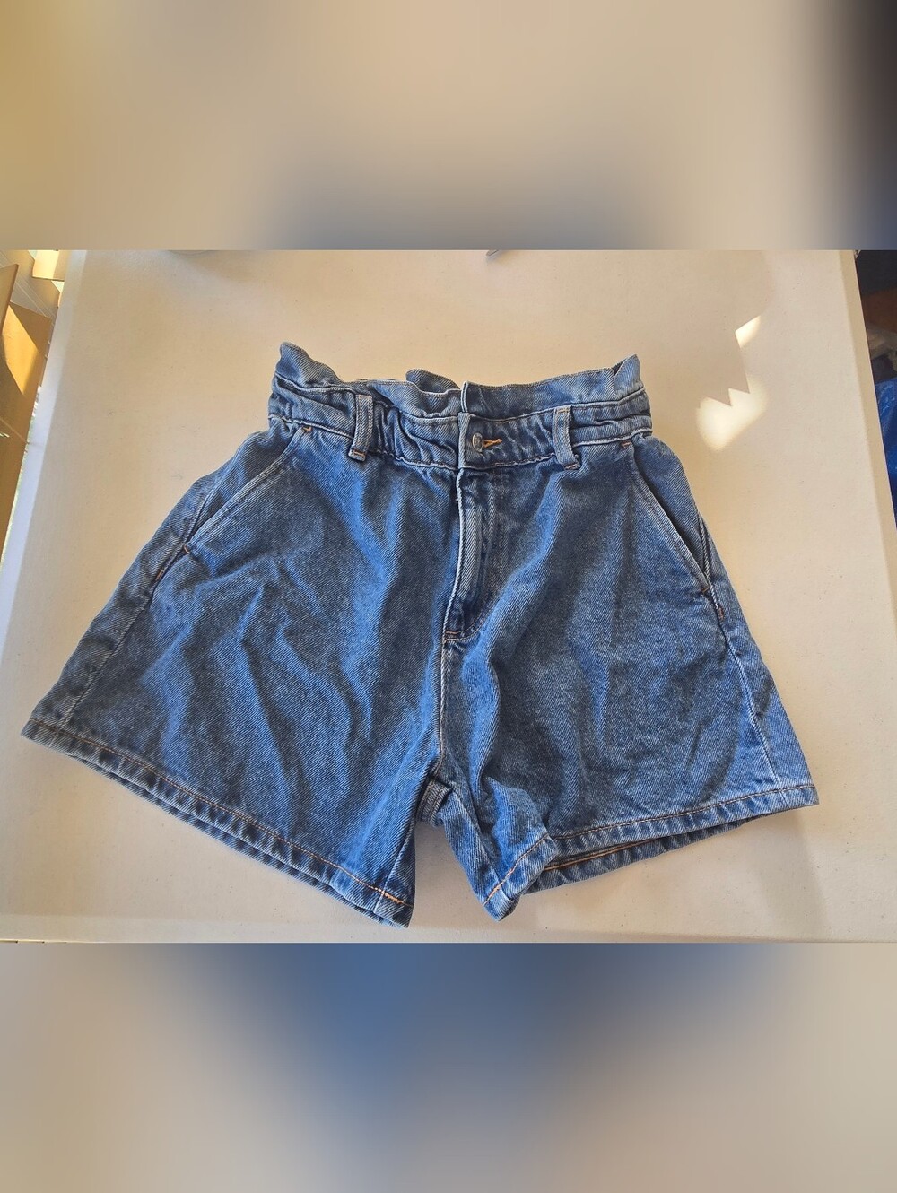 Zara Paper Bag Blue Womens Mom Jean Shorts Pleated Sz 4